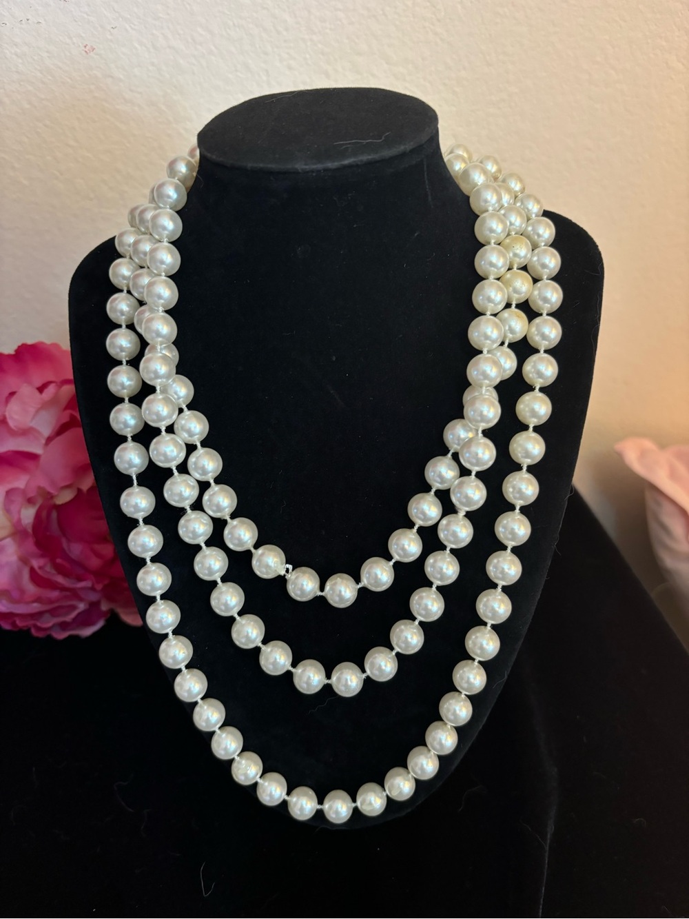 Classic White Faux Pearl Necklace with Clasp, 60” Length